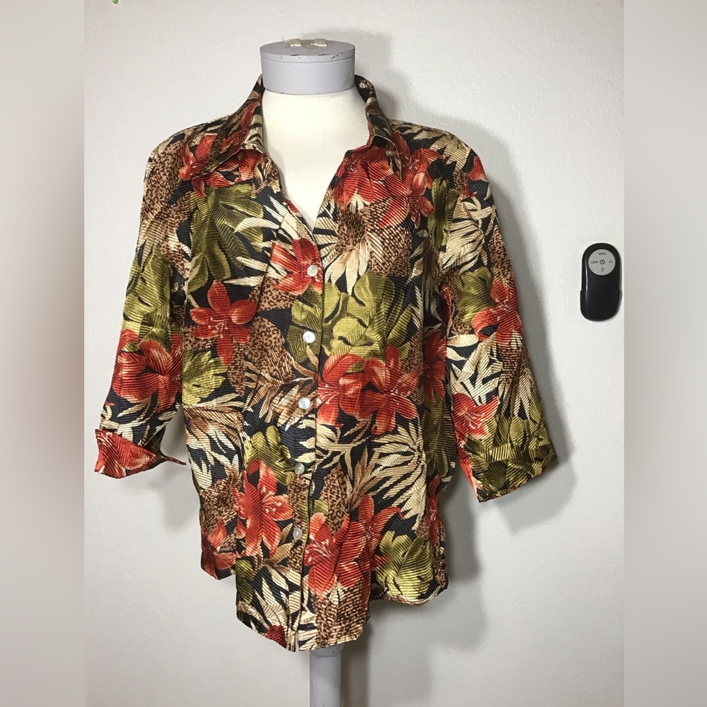 SCOTT TAYLOR  Sz 2X 3/4 SLEEVE SHIRT TOP FRONT BUTTON COLLARED FLORAL